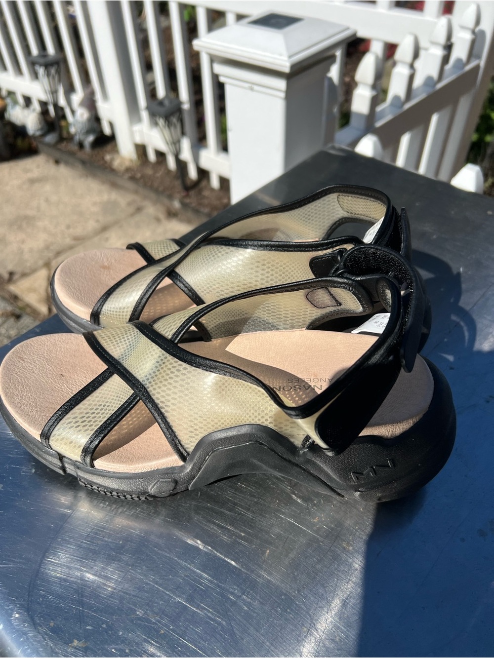 Mark Nason Beige and Black Crisscross Sandals
